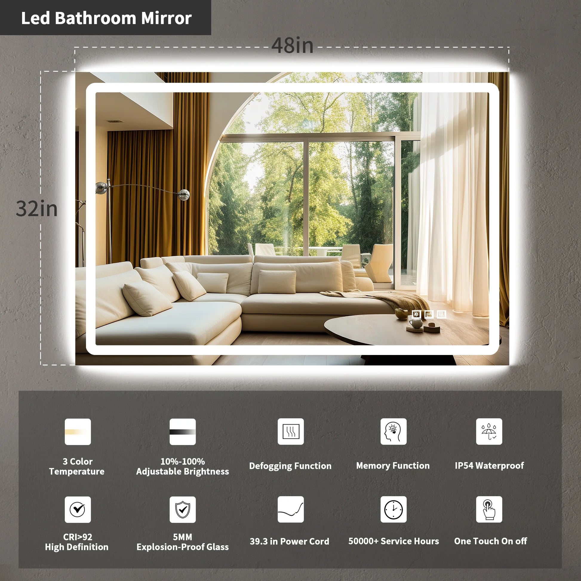 LED Bathroom Mirror Vanity Mirror 48"X 32" anti Fog Waterproof Rectangle Mirror with Frontlit Backlit, Silver