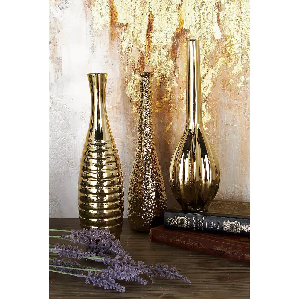 4 In., 12 In. Gold Slim Textured Bottleneck Ceramic Decorative Vase with Varying Patterns (Set of 3)