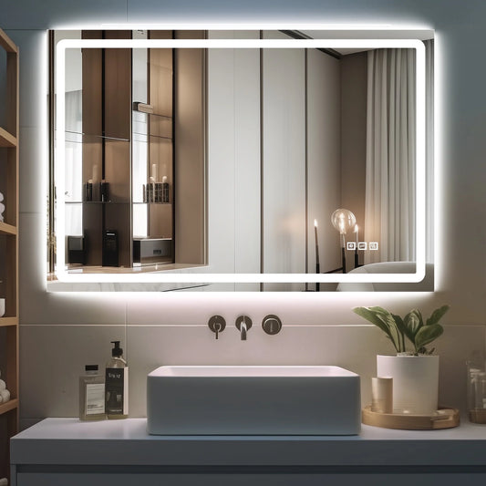 LED Bathroom Mirror Vanity Mirror 48"X 32" anti Fog Waterproof Rectangle Mirror with Frontlit Backlit, Silver