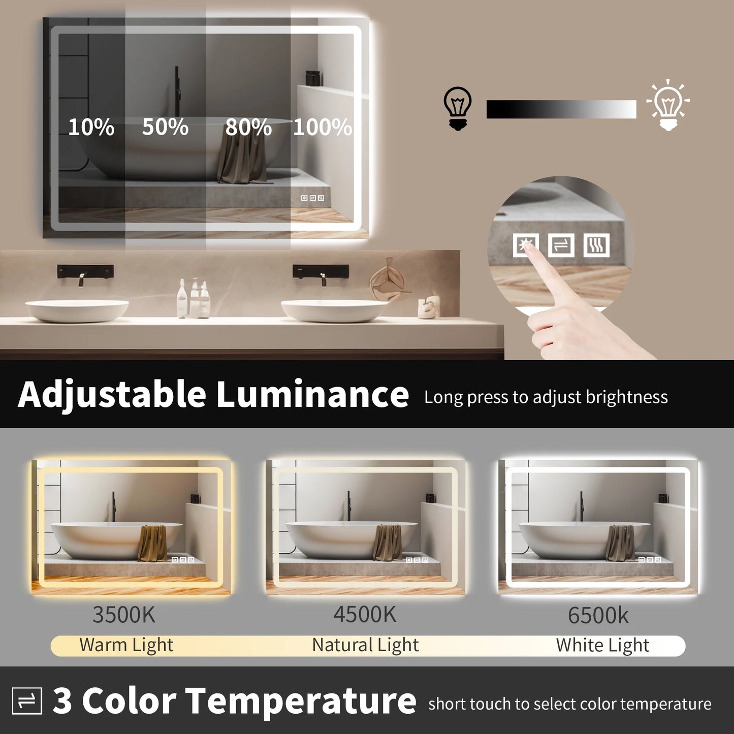 LED Bathroom Mirror Vanity Mirror 48"X 32" anti Fog Waterproof Rectangle Mirror with Frontlit Backlit, Silver