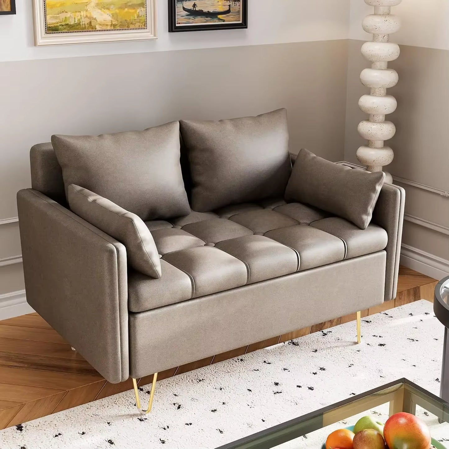 Faux Leather Love Seats Couch, Modern Design with Button Tufted and Gold Metal Leg, Lift-Up Storage Box, Thickened Cushion Sofa