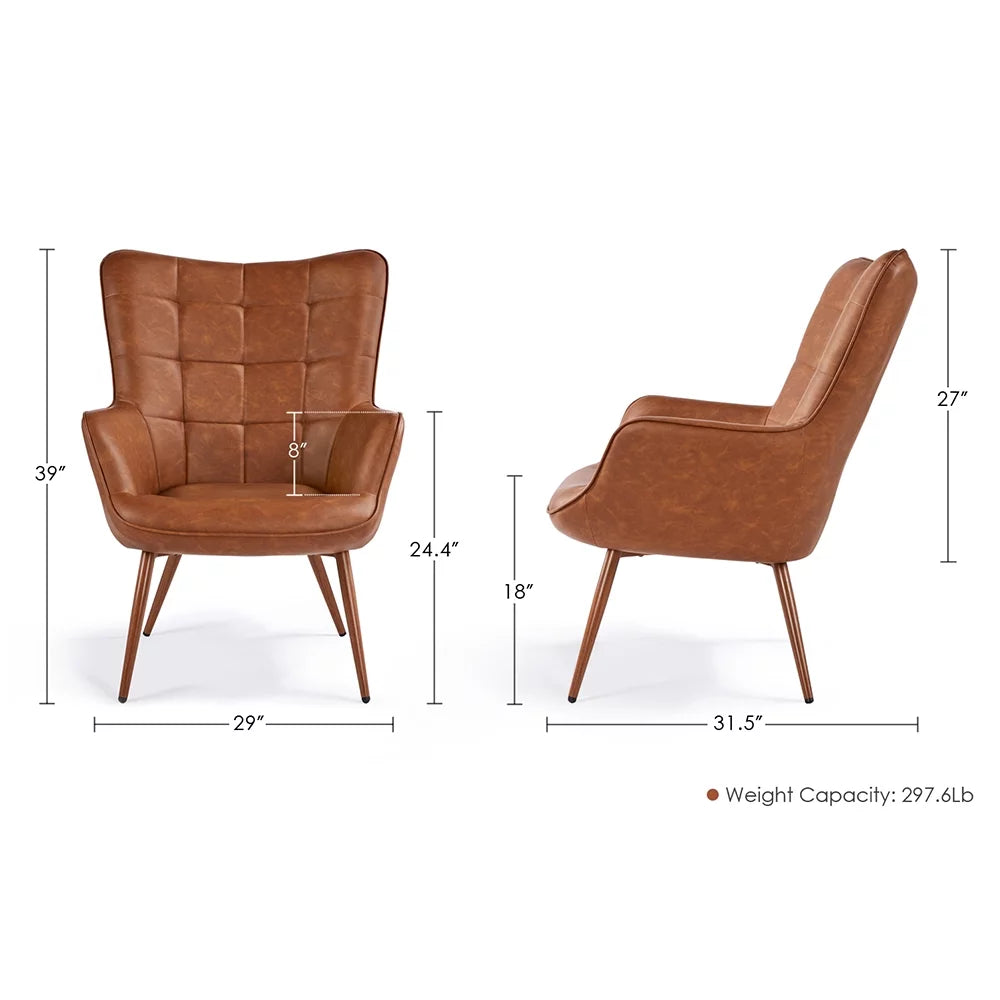 Mid-Century Modern Faux Leather Wingback Accent Chair, Brown